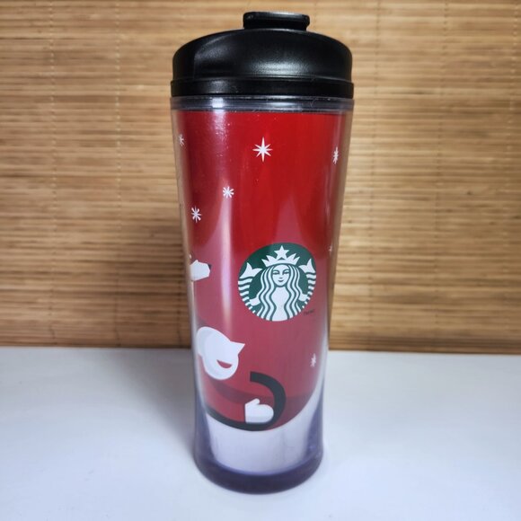Starbucks 2011 Travel Tumbler Cup Holiday Snow Fun Christmas Dog and Snowflakes - Picture 1 of 14